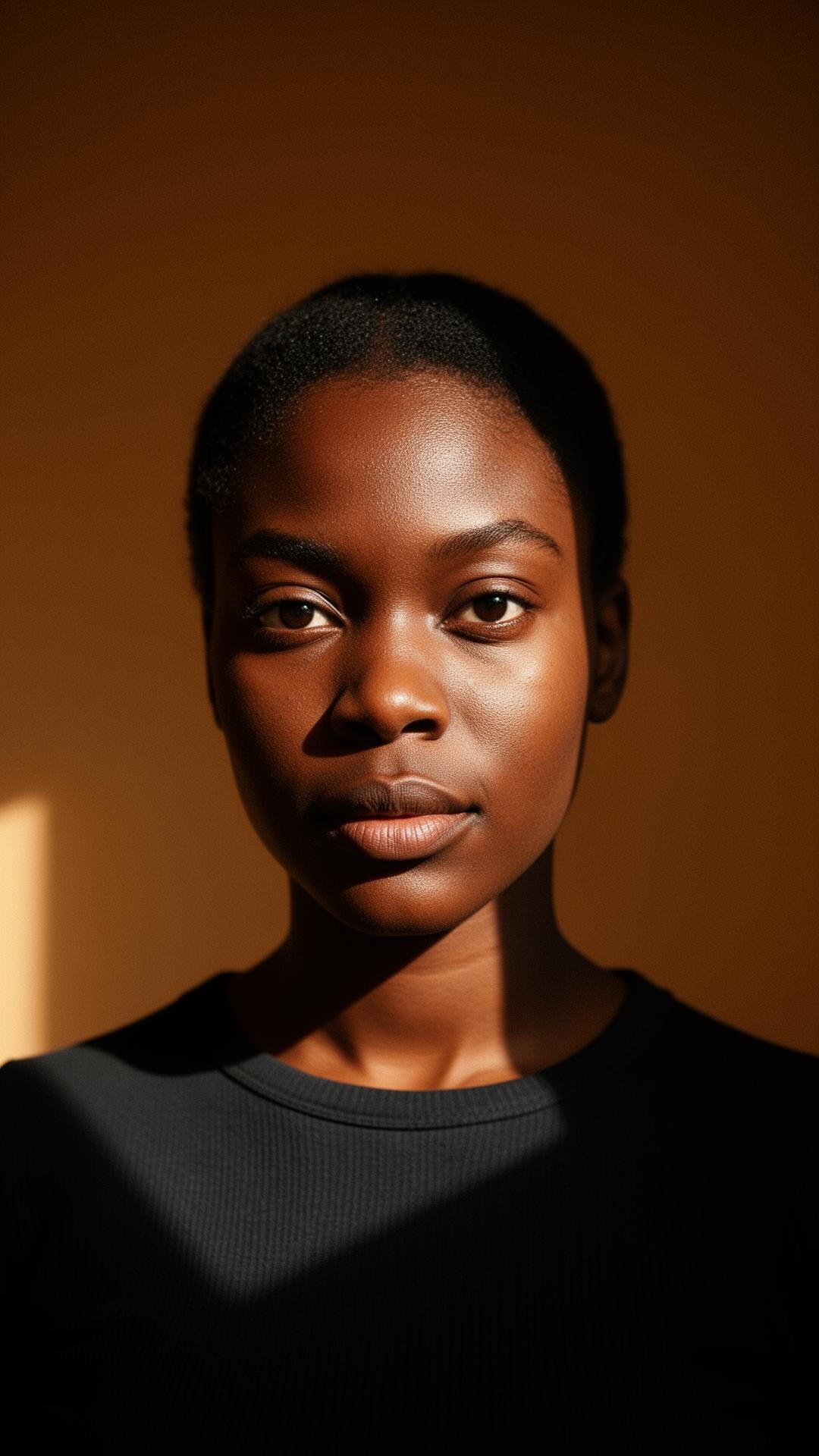 Editorial portrait of a young Black British woman looking directly at camera, lit by warm side light against a deep umber background
